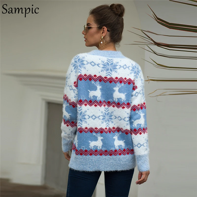 

Sampic Christmas Woman Pullover Casual Print Oversized Sweater O Neck Loose Autumn Winter Knitted Sweater 2020