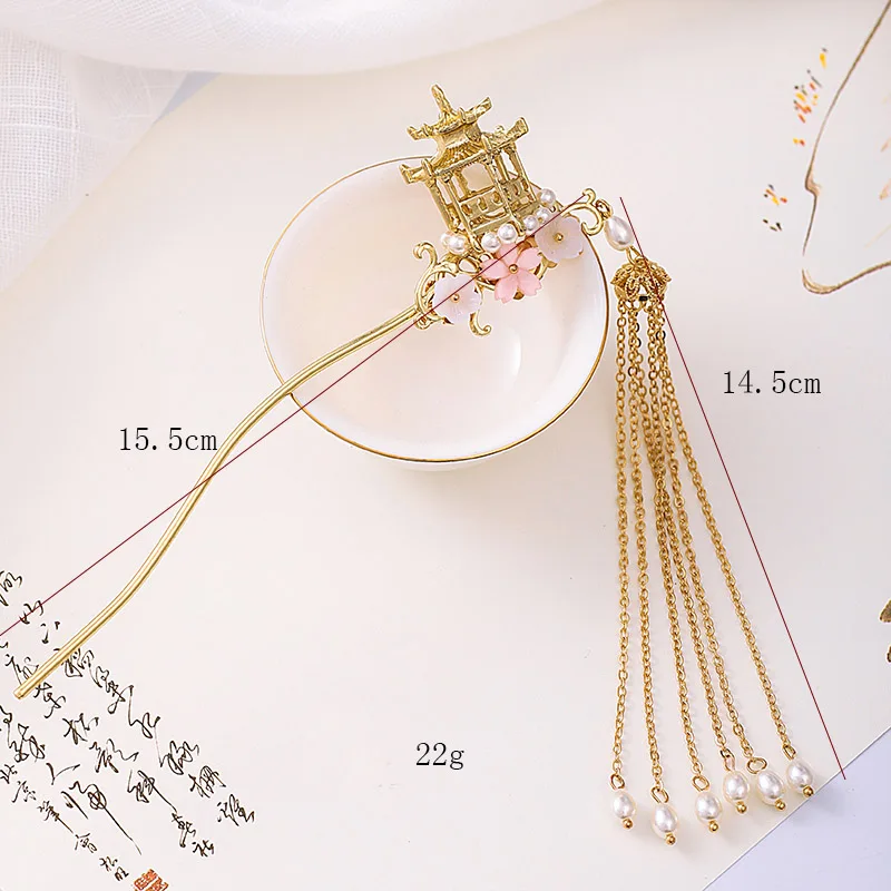 New Chinese Hanfu Dress Hairpins Clips Flower Pearls Gold Color Long Tassels Hair Fork Sticks Headpieces for Women Girls | Украшения и