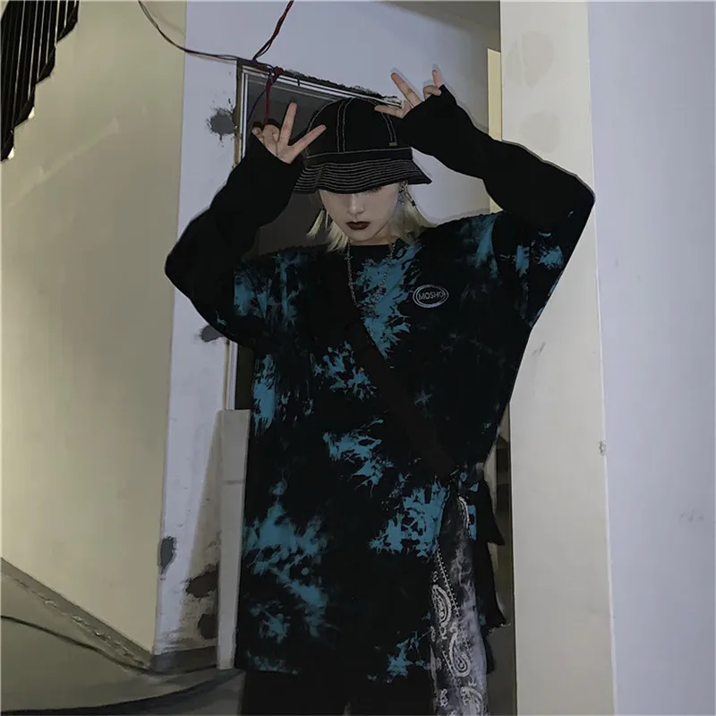 Lychee Harajuku Tie dying женские футболки, топы, футболки с вышитыми буквами, женские футболки, Поддельные 2 штуки, женские футболки, топы, футболки