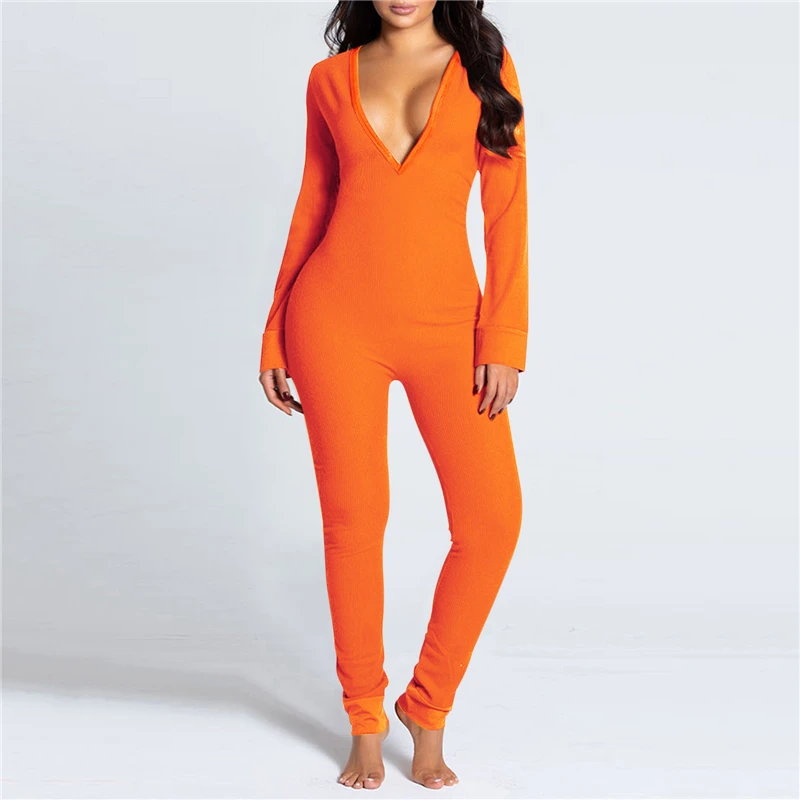 

Women Sexy Butt Buttoned Flap Bodysuit Pajamas Sexy V Neck Bodycon Long Sleeve One Piece Jumpsuit Skinny Button Rompers Homewear