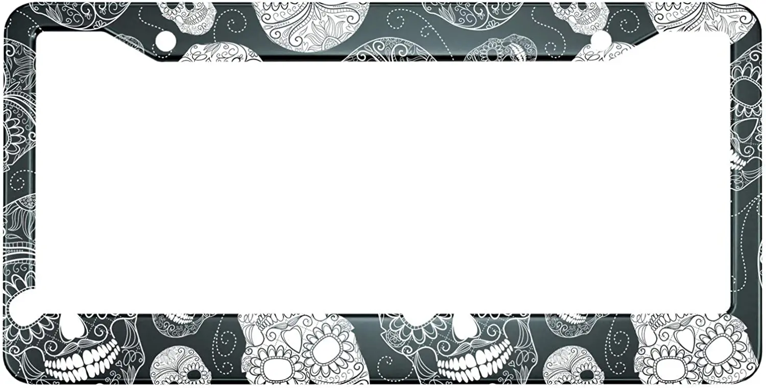 

Black and White Sugar Skull License Plate Frame Day of The Dead Cartoon Indian Style Metal License Plate Cover Front Plates
