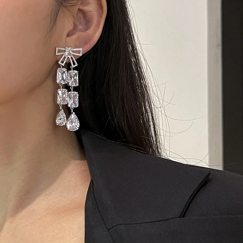 

Timeless Wonder Stunning Bowknot Geo Zirconia Drop Earrings for Women Designer Jewelry Goth Boho Korean Rare Bride Gift Emo 2112