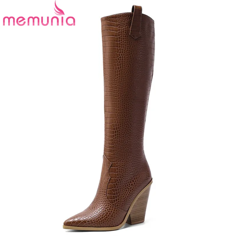 

MEMUNIA 2021 Fashion brand high heels shoes women knee high boots pointed toe solid colors autumn winter Western boots female