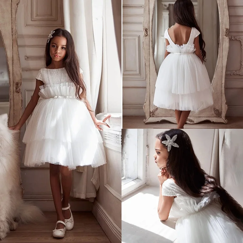 

Cute Pleated White Flower Girl Dresses Tulle Puffy Backless Knee Length Kid Child Wedding Party Princess Ball Gown