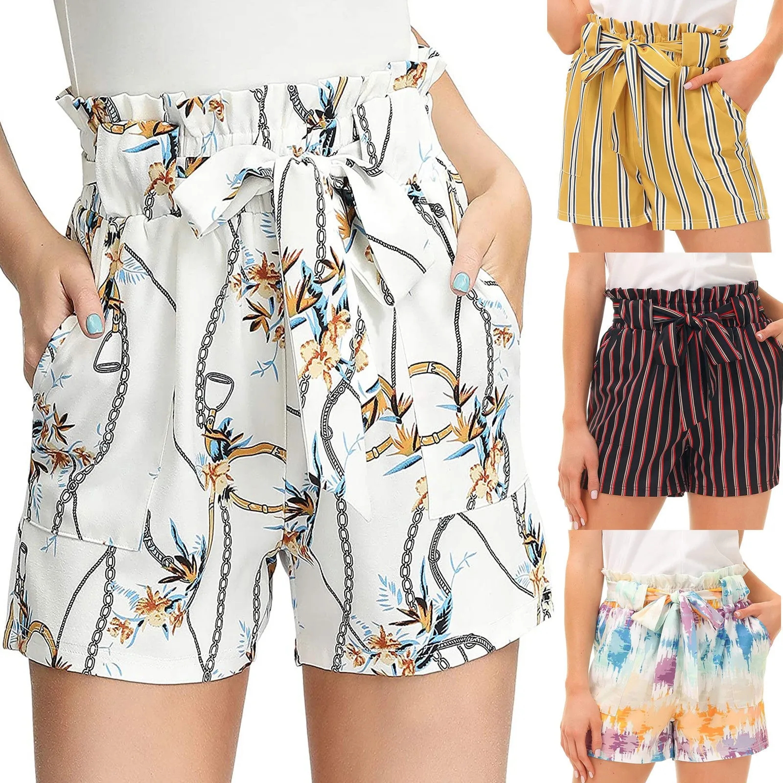 

Women's Casual Comfy Drawstring Printed High Waist Belt Women Fashion Shorts Ruffle Bow Summer Woman Short Pants