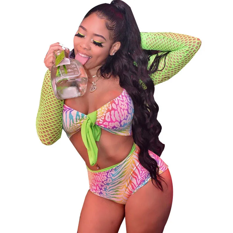 

Leopard Sexy Two Piece Sets Summer Beach Club Outfits Women Long Sleeve Bow Tie Up Crop Tops +Shorts Set 2 Piece Matching Suits