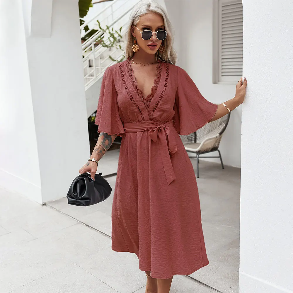 

2021 Summer New Women's Sexy Midi Dress Lace Ruffle Sleeve Elegant Dress