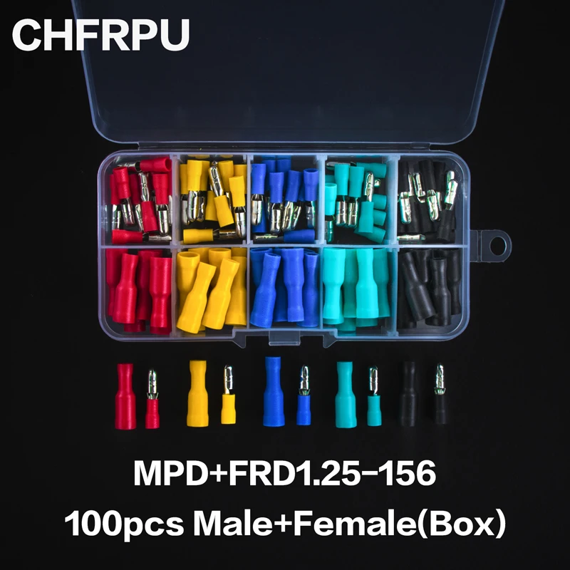 

100pcs bullet type Insulated Electrical Connector，Crimp Terminals，Male Female Wire Connector FRD MPD 1.25-156 5 color mix