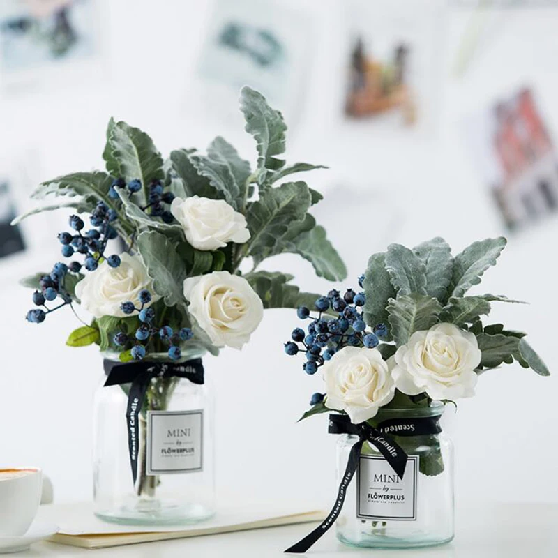 

Букет искусственных роз в европейском стиле со стеклянной вазой, Реалистичные шелковые розы, цветы для украшения стола, дома, офиса, свадьбы