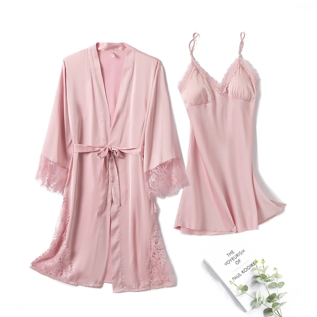 

Full Slip Lace 2PCS Robe Nightgown Set Women Sexy Sleepwear Kimono Bathrobe Gown Faux Silk Nightdress Intimate Lingerie