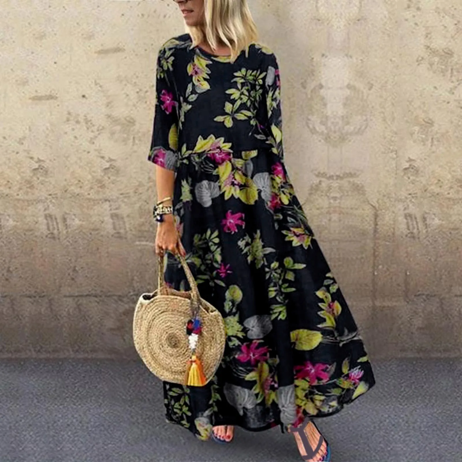 

Women Dress Casual 3/4 Sleeve Floral Printed Dresses Holiday Bohemian Dresses Loose Dresses Maxi Dress D4