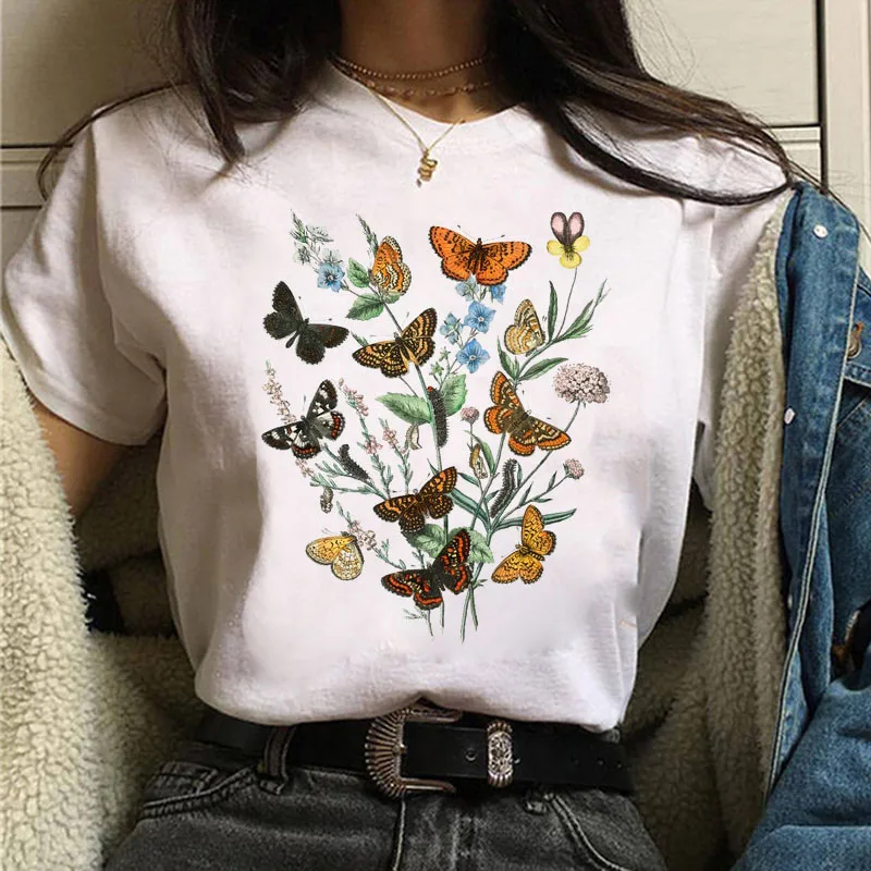 

2021 Watercolor Butterfly Print Fashion Women T-shirt Female Casual White Tops 90s Girls Short Sleeve Tee Shirts Woman T-shirt