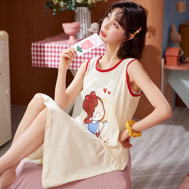 

Летняя жилетка без рукавов, ночные рубашки, Женская свободная пижама в Корейском стиле, ночная рубашка для девочек с мультяшным рисунком, Эл...