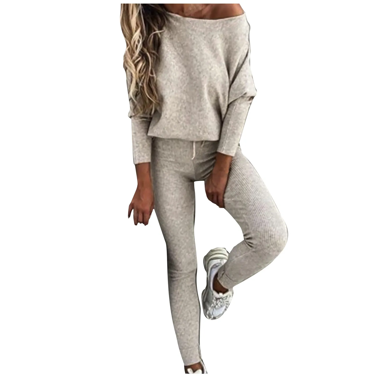 

Off Shoulders Women's Tracksuit Solid Color Round Neck Sportswear Pullover Fall Winter Casual Set Sport Ladies Sets