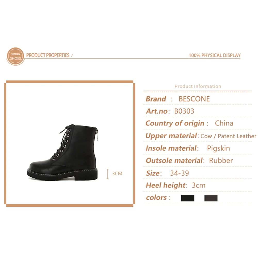 

BESCONE Genuine Leather Ladies Boots Comfortable Round Toe 3 cm Low Heel Shoes Casual Zipper Square Heel Women Ankle Boots BO303