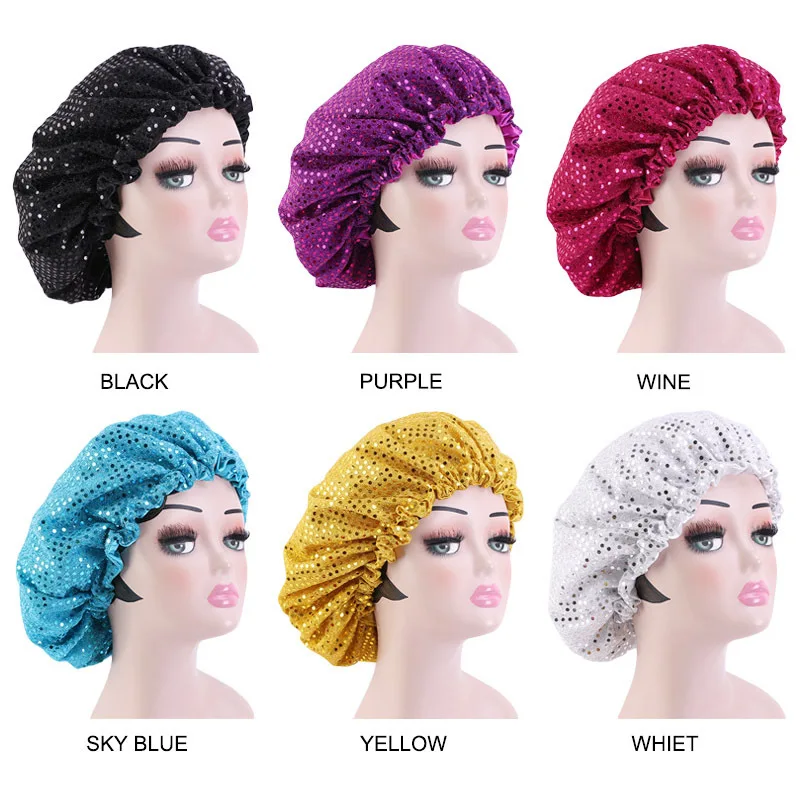 

Satin Night Sleep Cap 2020 Women sequined Elastic Bonnet Hat Head Cover Adjust Hair Loss Hat Curly Springy Styling Accessories