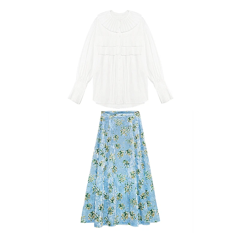 

Vintage Style Autumn Clothes For Women 2 Piece Set Fashion Chic Pleated White Shirts And High Waist Slim Velvet Skirt SL109