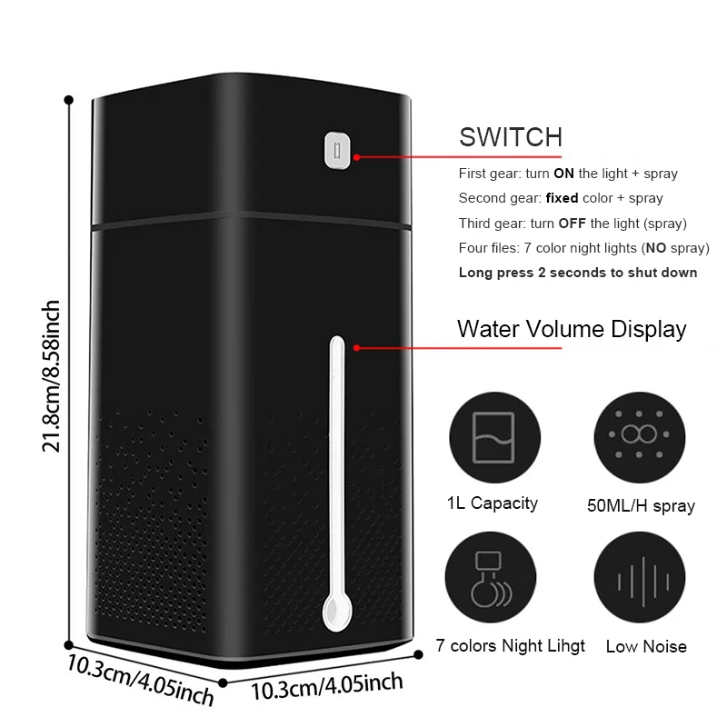 

Ultrasonic Air Humidifier Diffuser Mute 7 Color Night Light 1000ML Mini Aromatherapy Diffusers Cool Mist Maker Home Purifier