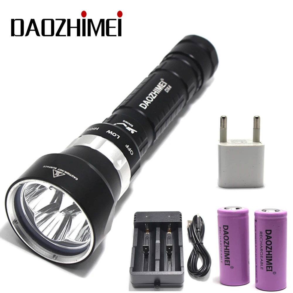 Fiyat 8000LM Sualtı XM-L2x4 LED Dalış El Feneri Torch Fener Su Geçirmez Güçlü ışık Lamba Aydınlatma + 26650 Pil + şarj Cihazı