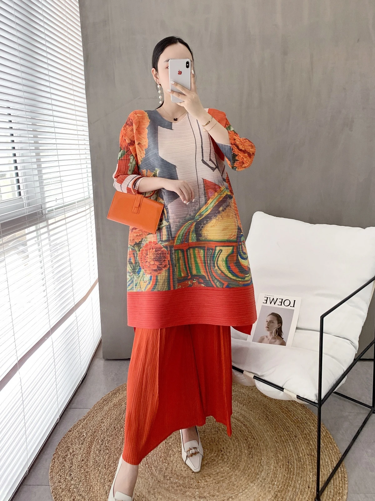 

MIYAKE Oversized Dress Suit Autumn Loose Fashion Print A-line National Style Skinny Mid Length Dress Two Piece Set Trousers Suit