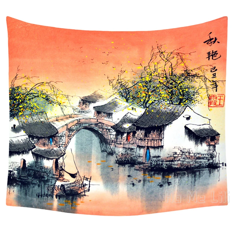 

Ink Landscape Painting Of Jiangnan Water Towns Unique Tapestry Room Accessories