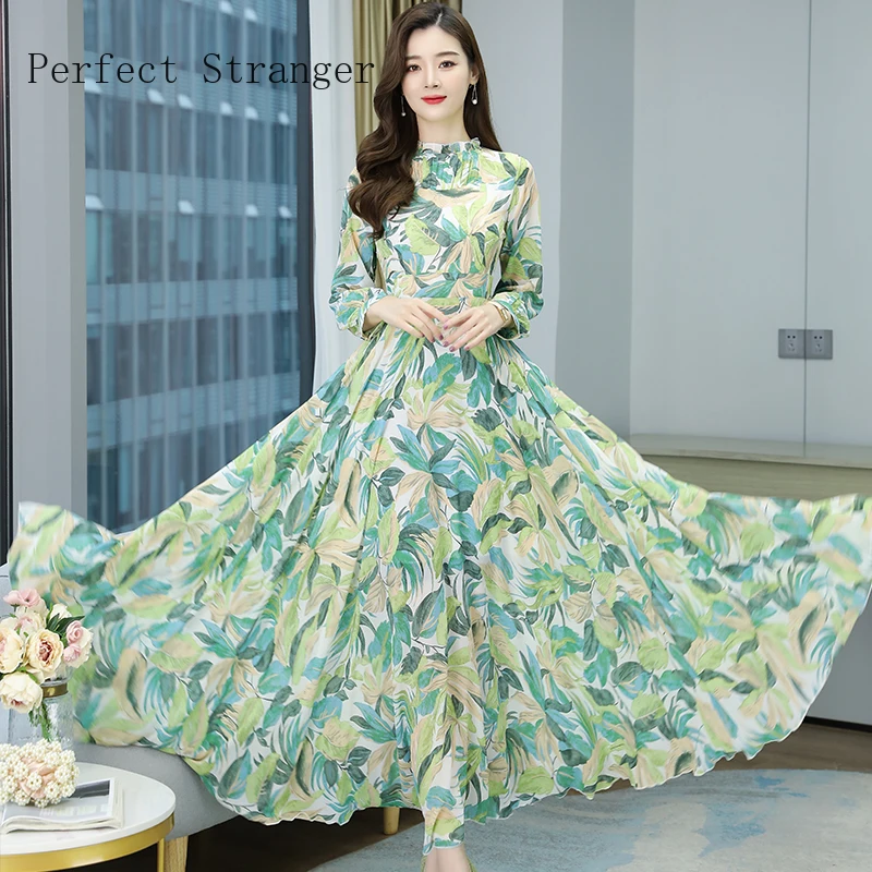 

2021 Spring Summer New Arrival S-4XL Stand Collar Flower Printed Long Sleeve Women Chiffon Long Dress