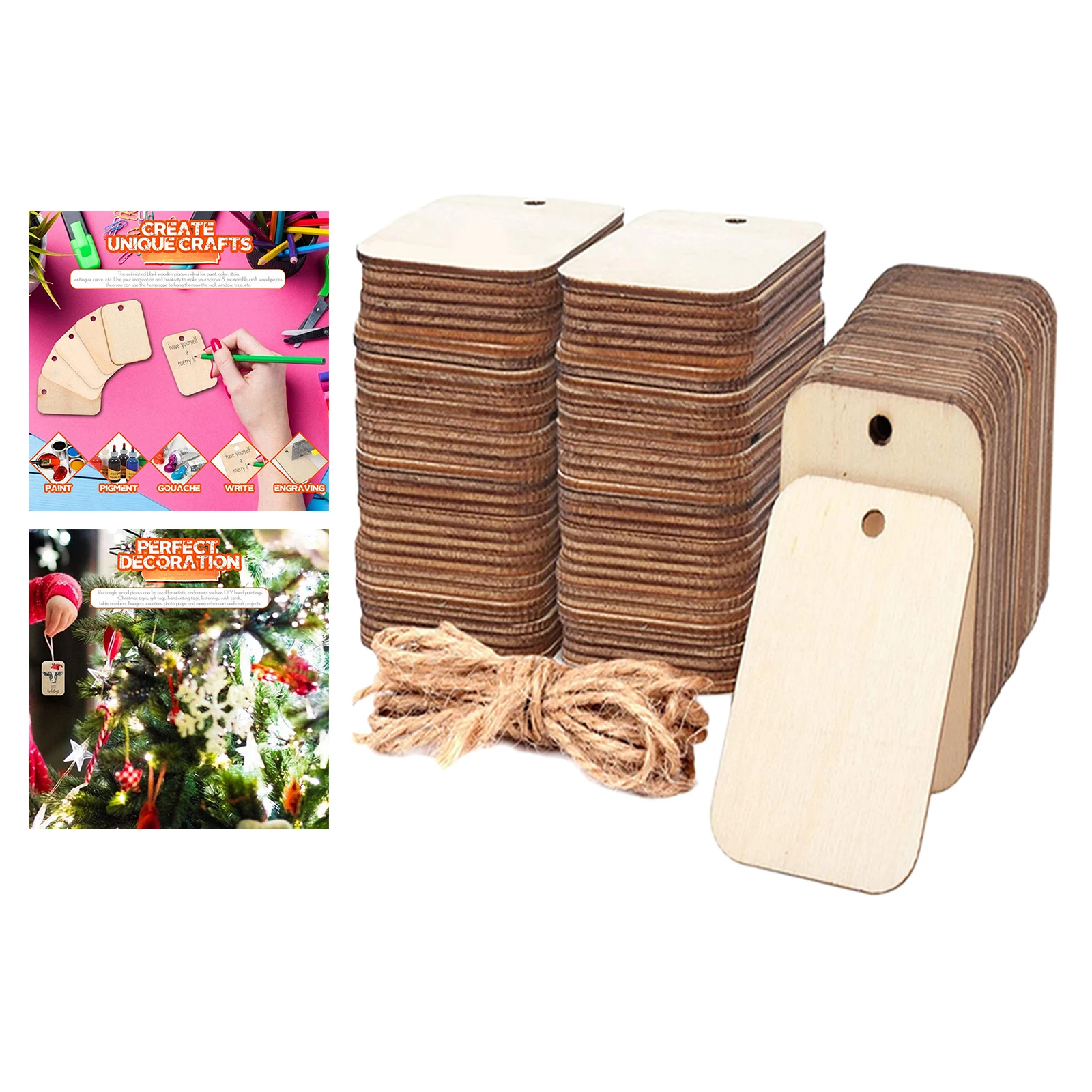 100Pcs Wood Pendant Decors Craft Natural Wooden Board with Holes Unfinished for DIY Birthday Party Holiday |