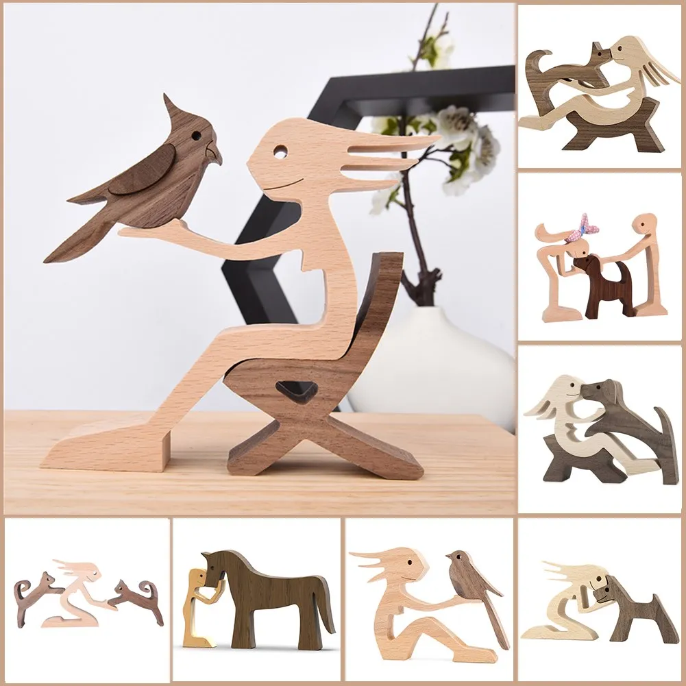 

dekoration Decoration Wooden Human And Dog Cute Parrots Bird Family Design Craft Small Ornaments Custom Logo Dropshippping