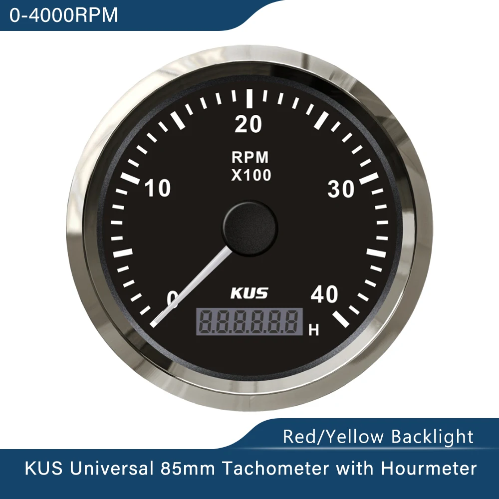 KUS 85mm Tachometer RPM Gauge with Hour Meter 0-3000 RPM 0-4000 RPM 0-6000 RPM 0-8000 RPM 12V/24V with Backlight for Car Boat