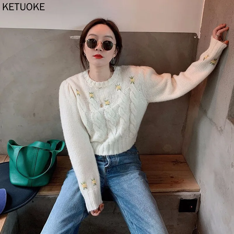 

Женский вязаный пуловер, плотный свитер с круглым вырезом и длинными рукавами, укороченный свитер на осень и зиму, 2021