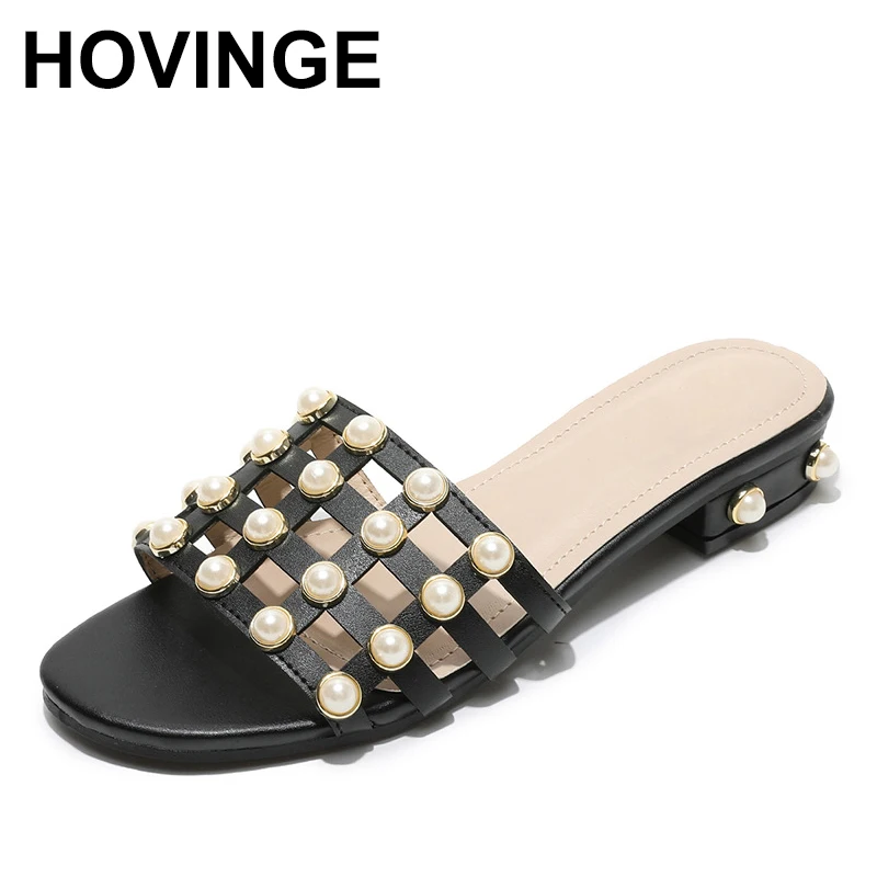 

HOVINGE Summer new bohemia pearl sandals and slippers female fashion comfortable flat word dragging women zapatos de mujer