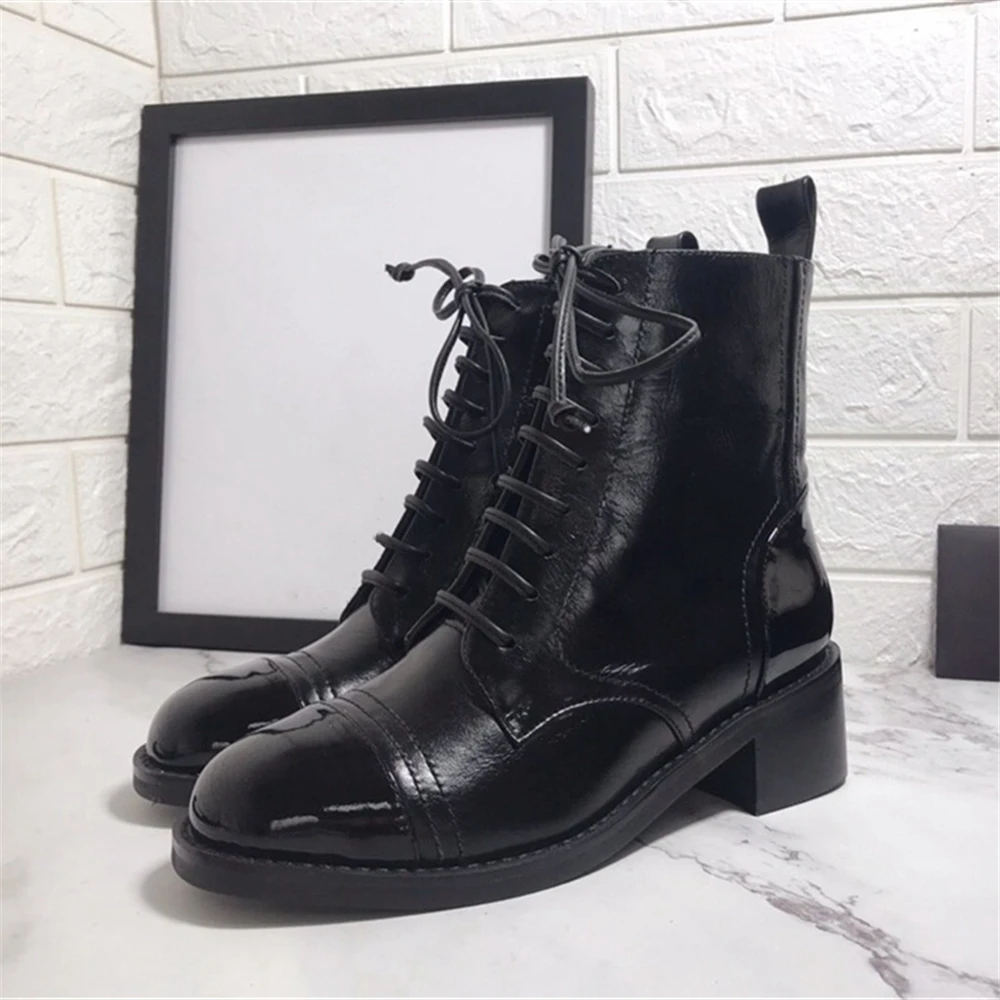 New Genuine Leather Lace Up Women Spring Autumn Boots Round Toe Thick Heel Ankle Shoes White and Black Size35-40 | Обувь