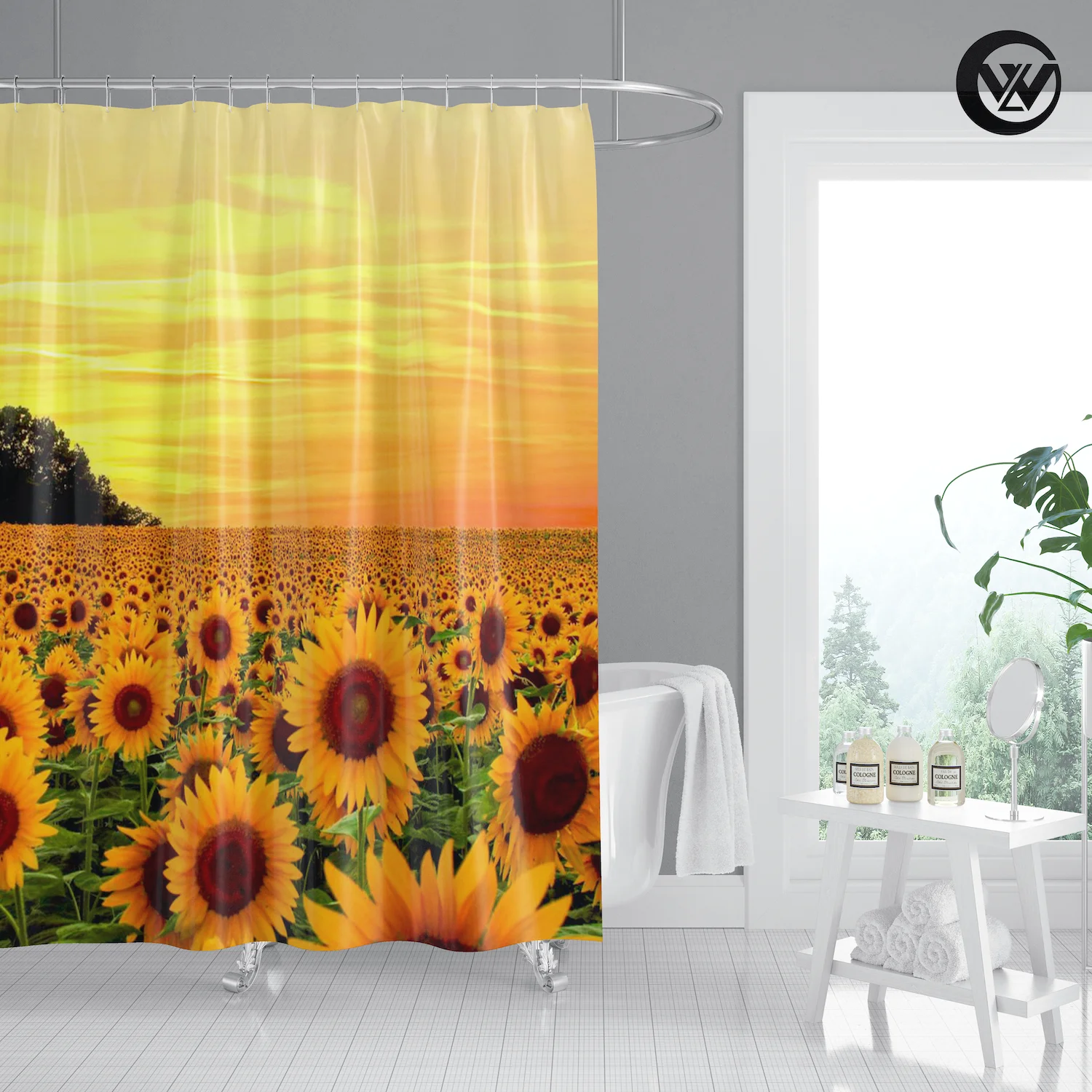 Mildew Resistant Sunset Sunflower Landscape Polyester Shower Curtain Polyester Printed Flower Bathroom Curtain Bathtub Decor