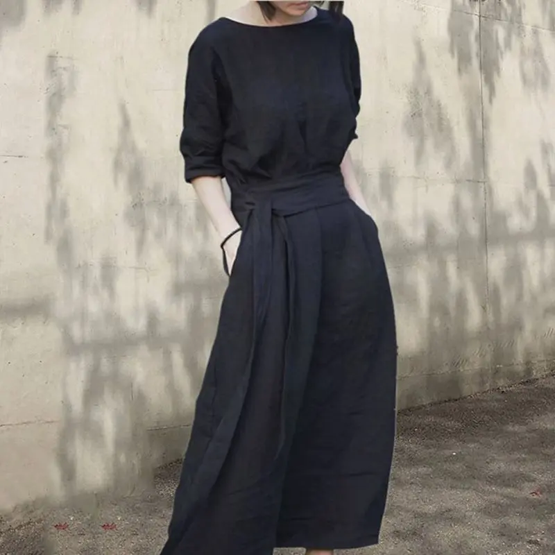 

Women Dress Summer 2021 New Bohemian Retro Linen Dresses Solid O-Neck Banquet Dress Black Cotton Elegant Vintage Women's Dress