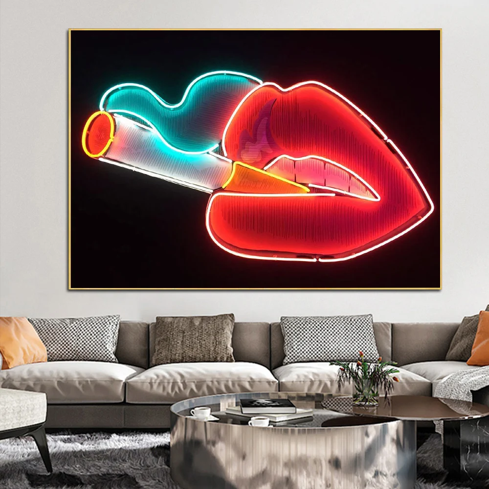 

Sexy Women Red Lips Smoking Modern Canvas Painting Neon Poster and Prints Wall Art Picture for Living Room Club Bar Home Decor