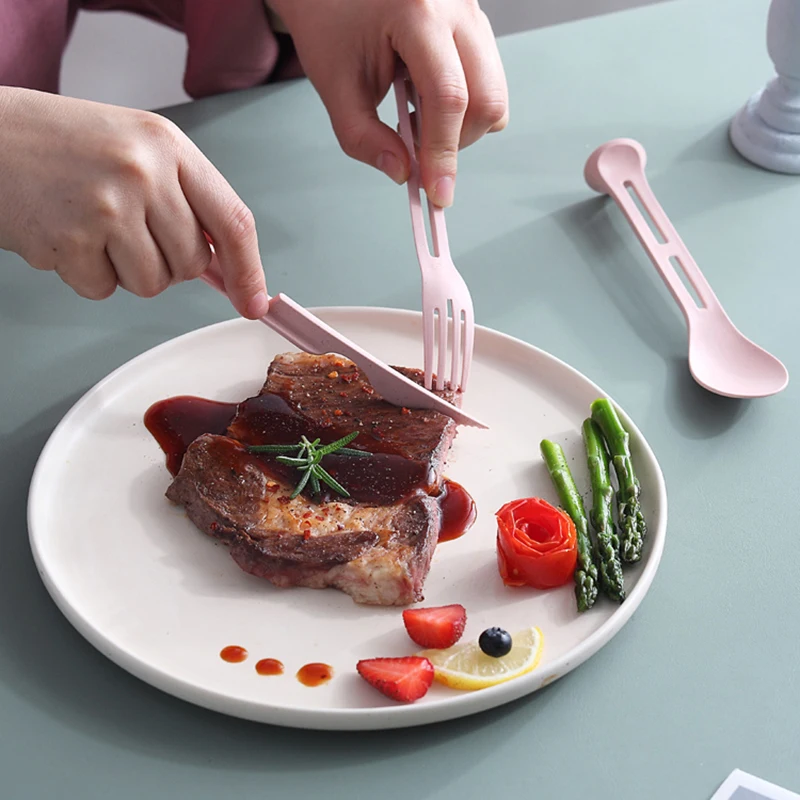 

Portable 3 In 1 Travel Cutlery Set Student Cutlery Set Restaurant Family Club Tableware Wheat Straw Kitchen Tool 3Pcs/Set