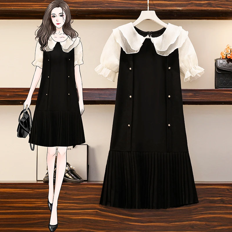 

5XL Plus Size Women Casual Pleated Dresses Summer 2021 Cute Peter Pan Collar Short Sleeve Patchwork Loose Ladies Black Dresses
