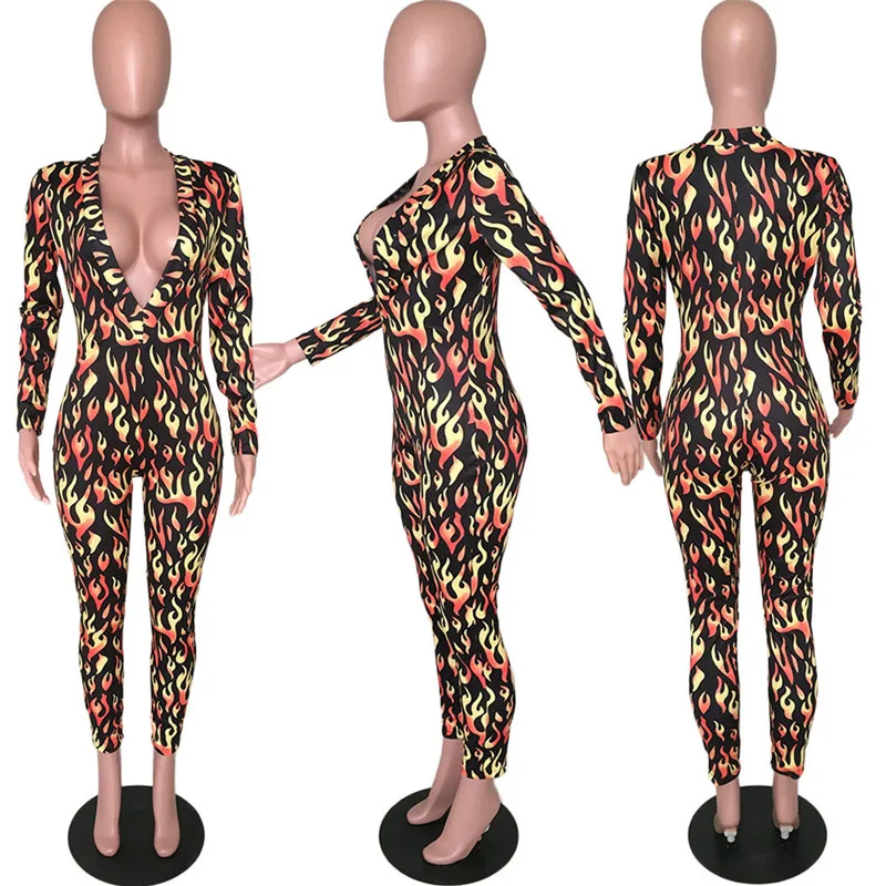 

Plus Size Print Sexy Jumpsuit Rompers Women Autumn Winter Long Sleeve Deep V-neck Skinny Bodycon Bodysuits Party Club Overalls