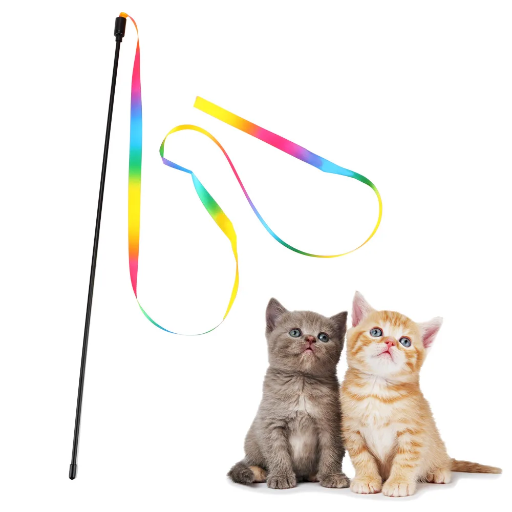 

Pet Products Cats Interactive Stick Cat Toys Funny With Rainbow Cloth Colorful Teaser Wand Pet Supplies