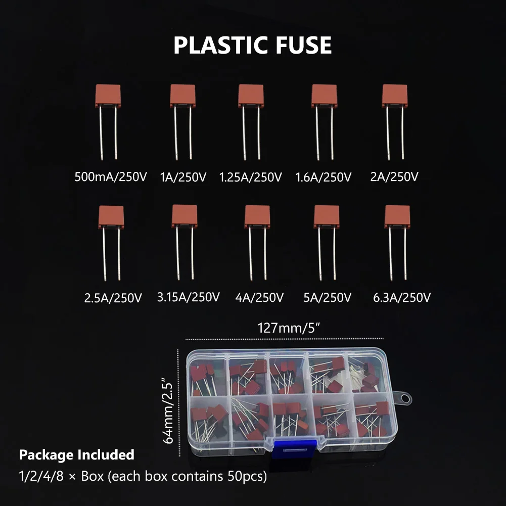 

Square Plastic Fuse 0.5-6.3A 250V Type 10 Kinds 50Pcs/Box 392 For TV PCB Board Circiut Protect Electrical Assorted Fuses Mix Set
