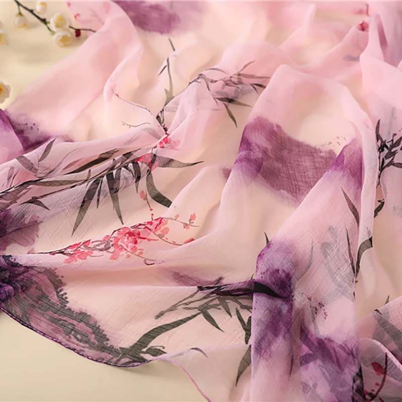 

2021 Women Cicada Wing Chiffon Scarf Bamboo Flower Print Wrinkled Shawl Office Lady Soft Wraps Female Elegant Echarpe 180x140cm