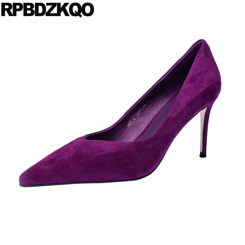 

3 inch shoes high heels thin scarpin medium stiletto casual 2019 women pumps pointed toe suede purple black slip on size 4 34