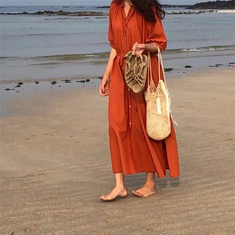 Женского рубашка платье Летнее пляжное макси-платья с отложным воротником