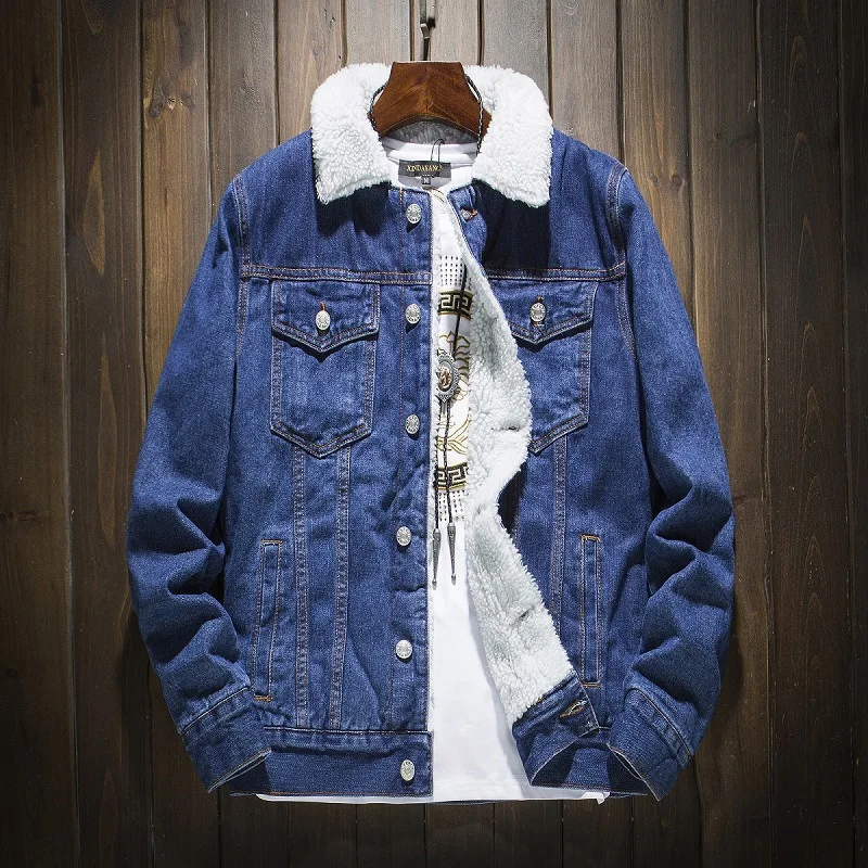 

New Autumn Winter Men's Jacket Add Lamb Wool Lapel Single Breasted Solid Color Thick Warm Ripped Decor Male Casual Male Coat