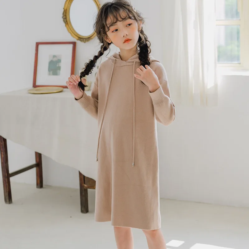 2019 Autumn Winter Girls Sweater Dress Medium Long Hoodies Casual Hooded Big Straight BC785 | Детская одежда и обувь