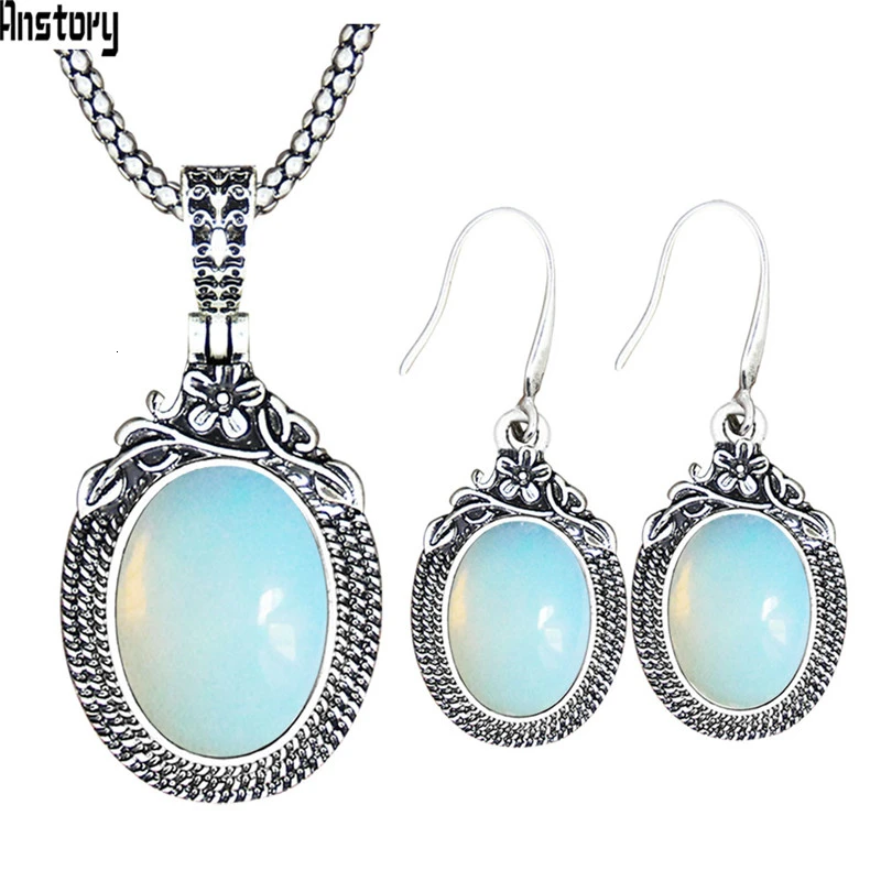 Opal Винтажный комплект из ожерелья и сережек с аметистом, винтажный комплект из натурального камня, кварца, Модный женский комплект TS574 - Окраска металла: Opal