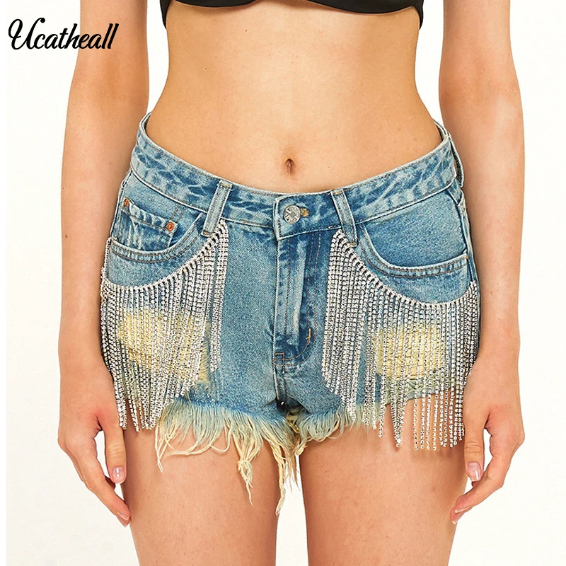 Клубные шорты с кисточками и цепочкой женская уличная одежда блестящие со