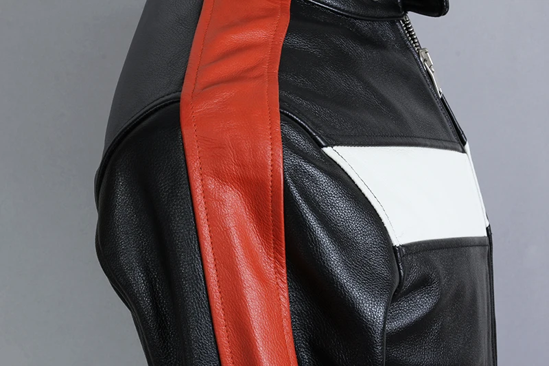 

2021 Mens Slim Fit Short Motorcycle Red White Spliced Biker Jacket Men Cowhide Genuine Leather Locomotive Coat Male