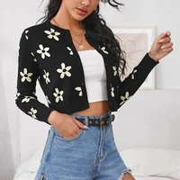 women short knit cardigan adults button down embroidered flower print long sleeve round neck sweater