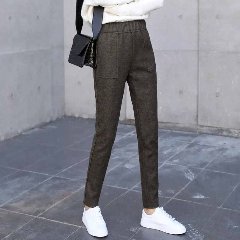 Зимние женские штаны с высокой талией бархатные утепленные шерстяные шаровары